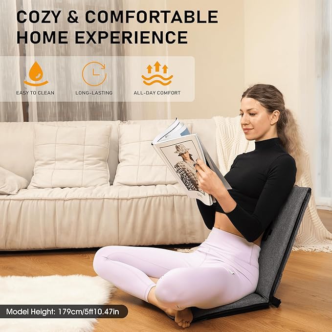 Floor Chair with Back Support 14-Position Adjustable Floor Chair Portable Ground Seating for Adults & Kids Foldable Meditation Seat with Japanese KOYO Bearings & Washable Linen Cover (Grey)