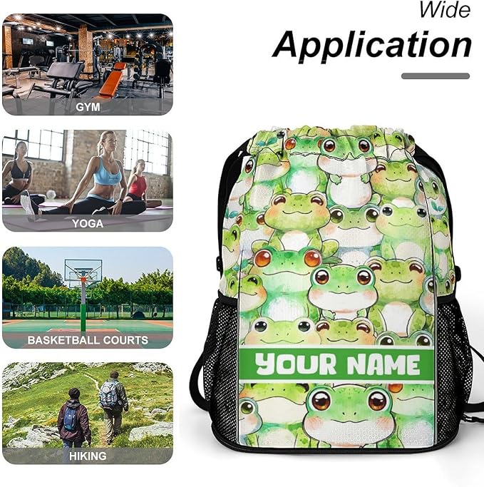 Custom Frog Drawstring Backpack - Cute Cinch Sack, String Backpacks with Pocket for Kids Women Men Boys Girls for Gym Outdoor Sports Travel Athletic Drawstring Bag - Lightweight/Foldable