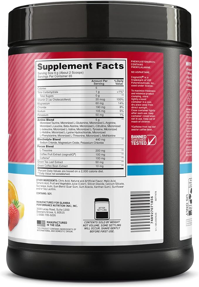 Optimum Nutrition Amino Energy Powder Plus Focus, with BCAA, Electrolytes, and Caffeine, Fruit Punch, 65 Servings (Packaging May Vary)