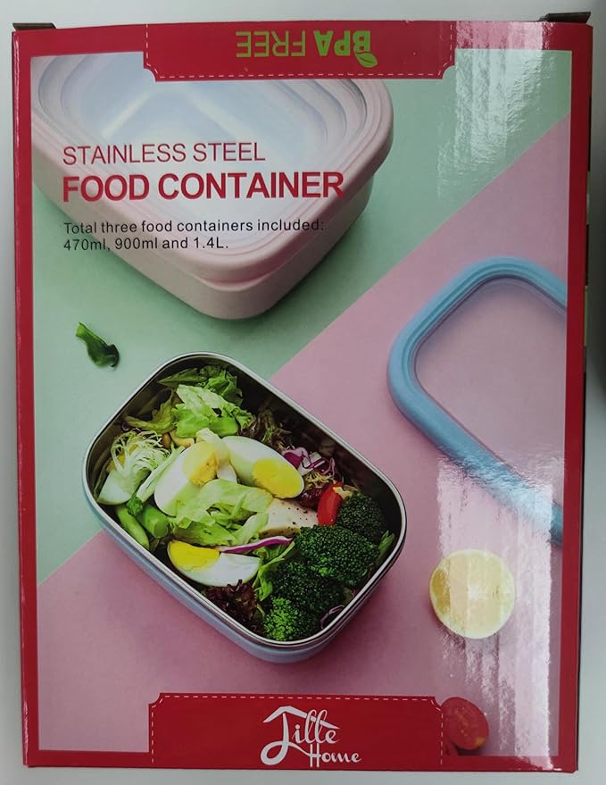 Lille Home Leak Proof Salad Container Stainless for Lunch - Snack Containers Steel - Ideal for Educational Settings & Daycare - Nesting Trio with Silicone Lids - 47oz+30oz+16oz - Grey