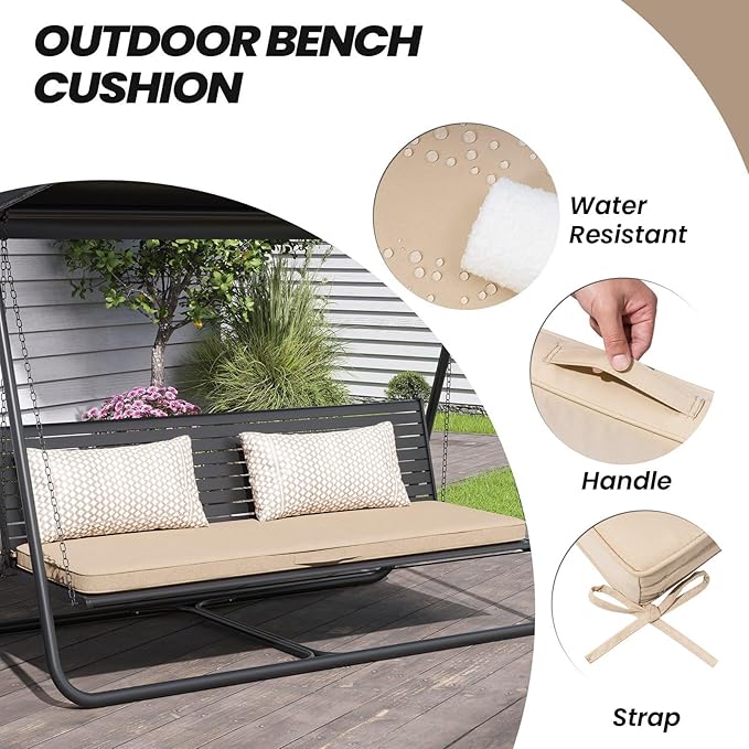 Crestlive Outdoor Bench Cushion 59 x 18 Inch, Waterproof Patio Furniture Cushions, Fade-Resistant Porch Swing Replacement Pad, Adjustable Straps and Handle, Beige