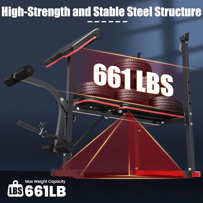 OPPSDECOR 661LBS Weight Bench Set, 8 in 1 Adjustable Bench Press with Squat Rack Leg Extension & Leg Curl Workout Bench with Safety Bar Catches Standard Weight Training Benches for Home Gym