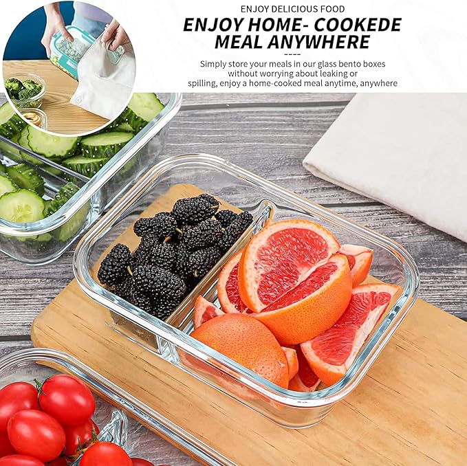 KOMUEE 10 Packs 30oz Glass Meal Prep Containers 2 Compartments,Glass Food Storage Containers with Lids,Airtight Glass Lunch Bento Boxes,Oven,Freezer and Dishwasher Safe, Green