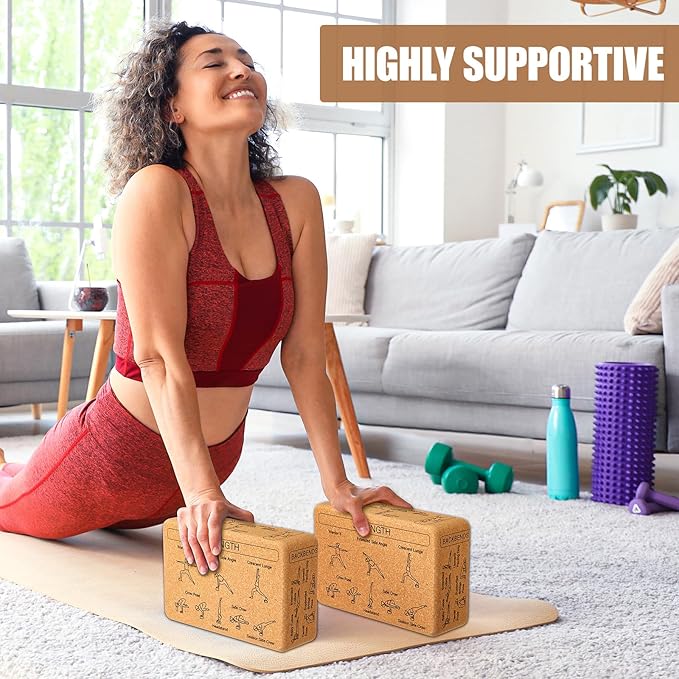 Cork Yoga Blocks 2 Pack Yoga Poses Teaching Cork Blocks, Suitable Poses for Beginners and Experts High Density Block with Non Slip Surface for Better Support, Balance Comfort (Beige)