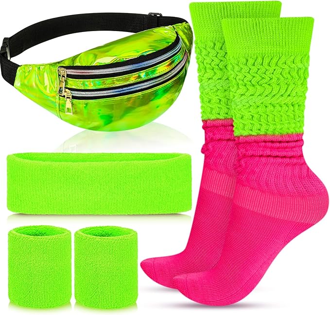 Tarpop 80s Neon Women Slouch Socks 90s Headbands Wristbands Fanny Pack Leg Warmers Sweatbands Waist Bag Women Party Costume