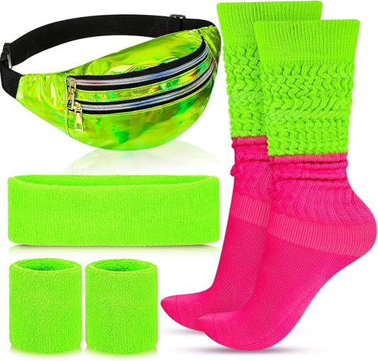 Tarpop 80s Neon Women Slouch Socks 90s Headbands Wristbands Fanny Pack Leg Warmers Sweatbands Waist Bag Women Party Costume