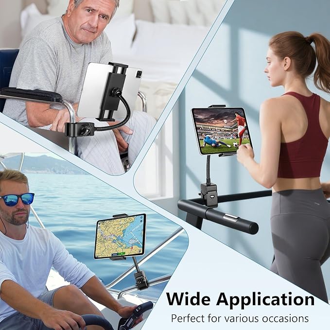 Gooseneck Tablet Holder, iPad Holder for Stroller/Treadmill/Golf Cart/Boat/Mic Stand/Wheelchair/Gym Bicycle Handlebar Clamp, Compatible with 4.7-12.9" Tablets and Phones,Galaxy, E-Readers