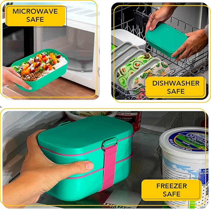 Insulated Stackable Bento Box for Adults with Reusable Chopsticks Japanese Lunch Box Microwavable & Leak Proof Lunch Containers for Men & Women Modern Cute Food Container with Compartments (Turquoise)