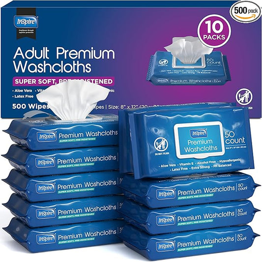 Inspire Adult Wet Wipes, Wash Cloths | Adult Wipes for Incontinence & Cleansing for Elderly, 8"x12" (500CT (10 PACKS OF 50))