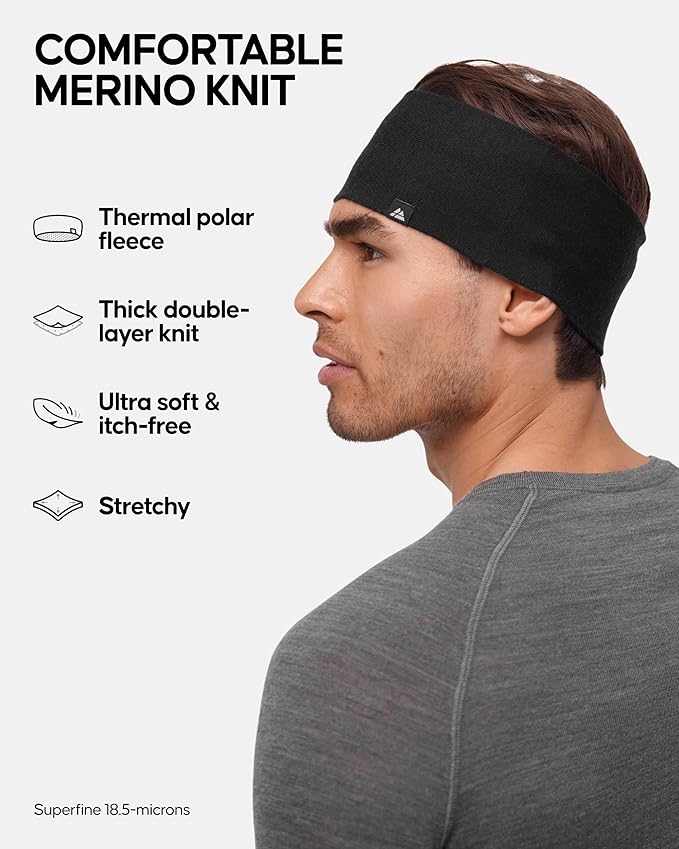 DANISH ENDURANCE Merino Wool Headband, with Thermal Inner Fleece, for Men and Women, Unisex, 1 or 2-pack, Black, XS/S
