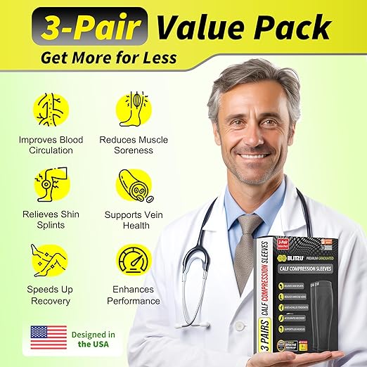 BLITZU 3 Pairs Calf Compression Sleeves for Men and Women. Footless Compression Socks & Leg Support for Running, Travel, Nursing, Fitness. Shin Splints Pain Relief & Reduce Swelling Black 3XL