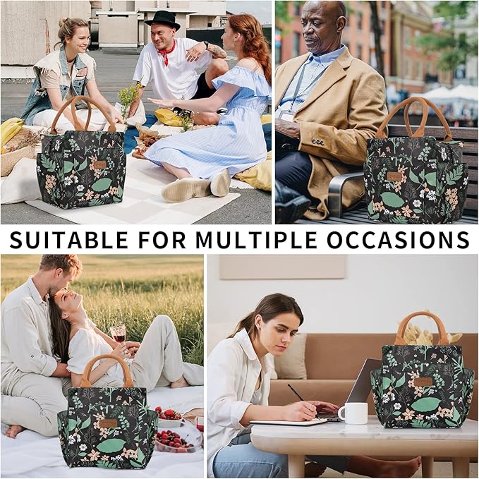 Joymee Lunch Bag - Green Leaf, Women's Insulated Reusable Durable Leakproof Large Spacious Cooler Tote for Office, Picnic, Camping