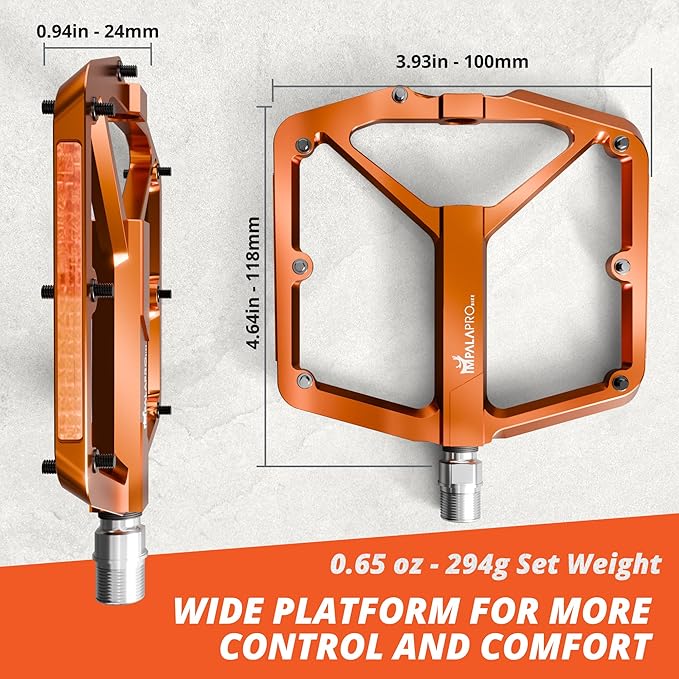 Flat Bike Pedals with Reflectors CNC Aluminium 9/16” – MTB Pedals with Extra Wide Platform and Removable Anti-Slip Pins – Lightweight Pedals for Mountain Bike & Road Bike 294 g