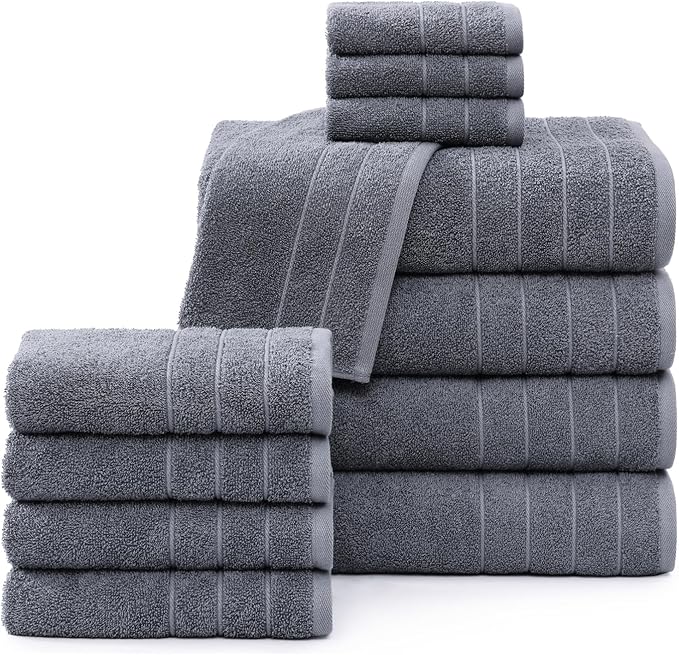 Casa Platino 100% Cotton Luxury Bathroom Towel Set - 12 Pc - Ring Spun, Quick Dry, Soft & Highly Absorbent - 4 Bath, 4 Washcloths, 4 Hand Towels - Remains Plush After Multiple Washes - Cool Grey