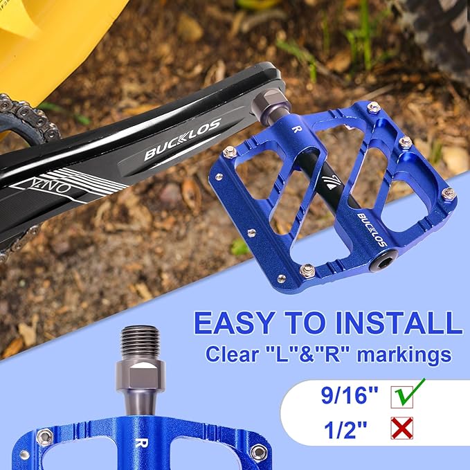 BUCKLOS MTB Flat Pedals Mountain Bike Pedals, 3 Bearings CNC Adult Road Bike Pedals, Bicycle Platform Aluminum Alloy Non-Slip Pedal for Gravel Bike/BMX 9/16"(Black)