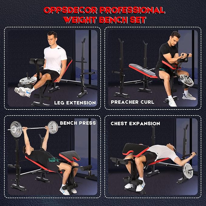 OPPSDECOR 660lbs 6 in 1 Weight Bench Set with Squat Rack, Workout Bench with Leg Extension Preacher Curl Rack Multi-Function Bench Press Set for Home Gym, ZWX1113 New Version Weight Bench