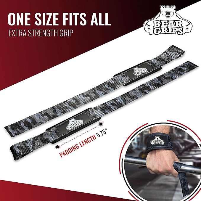 Bear Grips Lifting Straps - Gym & Weightlifting Straps for Men & Women, Deadlift Support, 2 Pairs