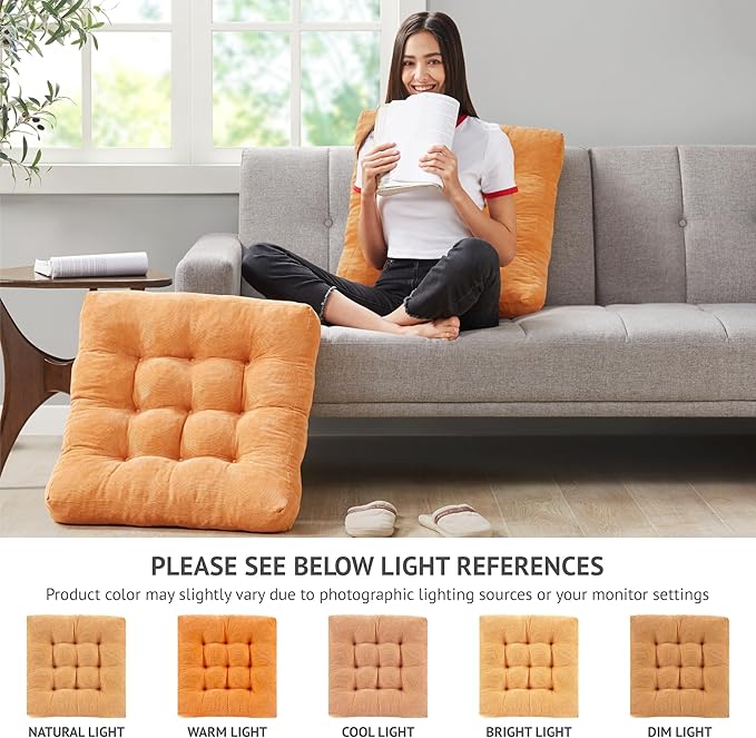 Degrees of Comfort Meditation Floor Pillow, Square Large Pillows Seating for Adults, Tufted Corduroy Cushion for Living Room Tatami, Orange Yellow 22x22 Inch