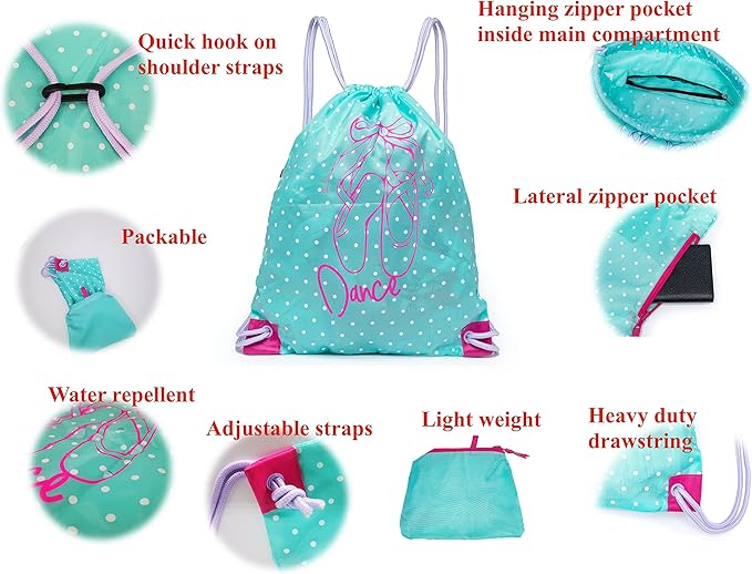 Drawstring Dance Bag, Girls Cinch Bag,Dance Ballet Class Bag (Ice Green- Red)
