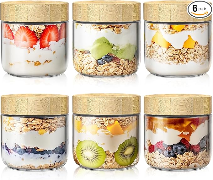 6 Pack 10oz Overnight Oats Containers with Bamboo Lids, Glass Jars with Airtight Lids for Meal Prep, Wide Mouth Mason Salad Jars, Glass Food Storage Container for Yogurt Chia Snacks Spice Sugar