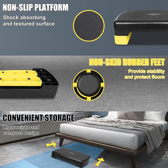 Height-Adjustable 4''-6'' Step Aerobics Platform Fitness Equipment Stepper Trainer Exercise Step Platform with 2 Riser