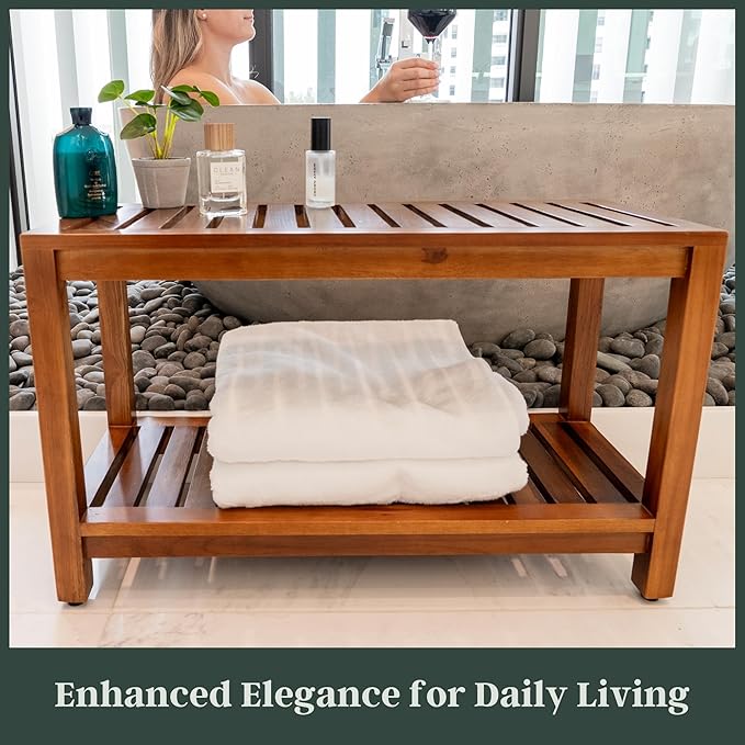 Teak Shower Bench 30 Inch – Fully Assembled Wooden Bench with Shelf, Water-Resistant, Non-Slip Adjustable Feet – Indoor Spa, Garden, or Bathroom Use