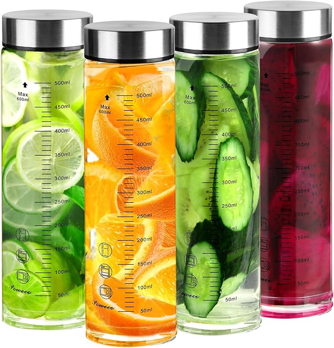 Glass Juice Bottles 4 Pack 20 oz - Wide Mouth Glass Water Bottles with Lids - for Juicing, Protein, Smoothie, Milk, Reusable, BPA Free, Stainless Steel Lids, Blender, Shaker Bottle (20oz/600ml)
