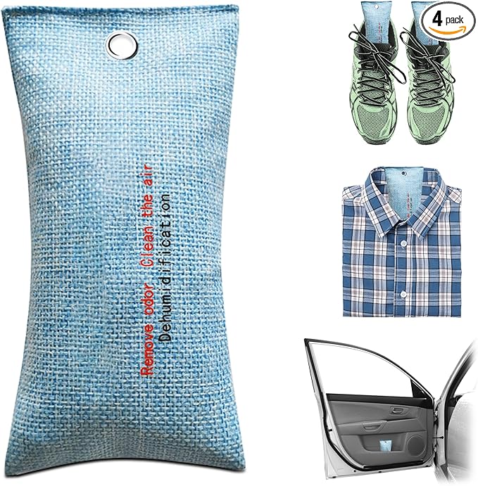 4 Pack charcoal odor absorber,Bamboo Charcoals Air Purifying Bag Charcoals Deodorizer Eliminator for Strong Odors in Car, Closet, Shoe, Basement (75G* 4 Pack Blue, Unscented)