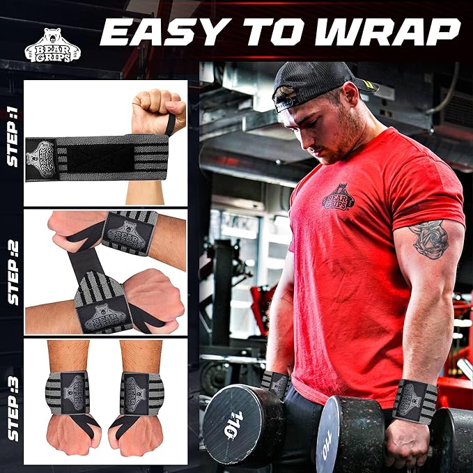 Bear Grips Wrist Wraps for Weightlifting | Weight Lifting Wrist Straps for Weightlifting | Extra Strength Gym Wrist Wraps | Two Wrist Wrap Per Pack | 12” & 18” | Lifting Wrist Wraps for Men & Women