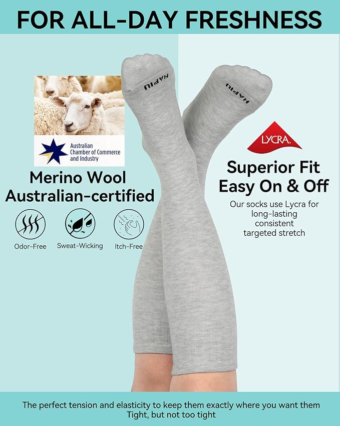 HAPIU Merino Wool Easy On Compression Socks for Women & Men, 15-20 mmHg, Plus Size Knee High Stocking for Nurses, Pregnancy, Travel, Flight, Medias de Compresión Mujer