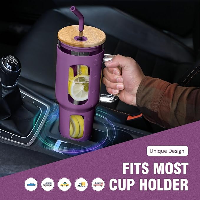 Glass Tumbler with Lid and Straw, 46 oz Iced Coffee Cup with Handle, Glass Water Bottles with Silicone Sleeve, BPA Free-Dark Purple
