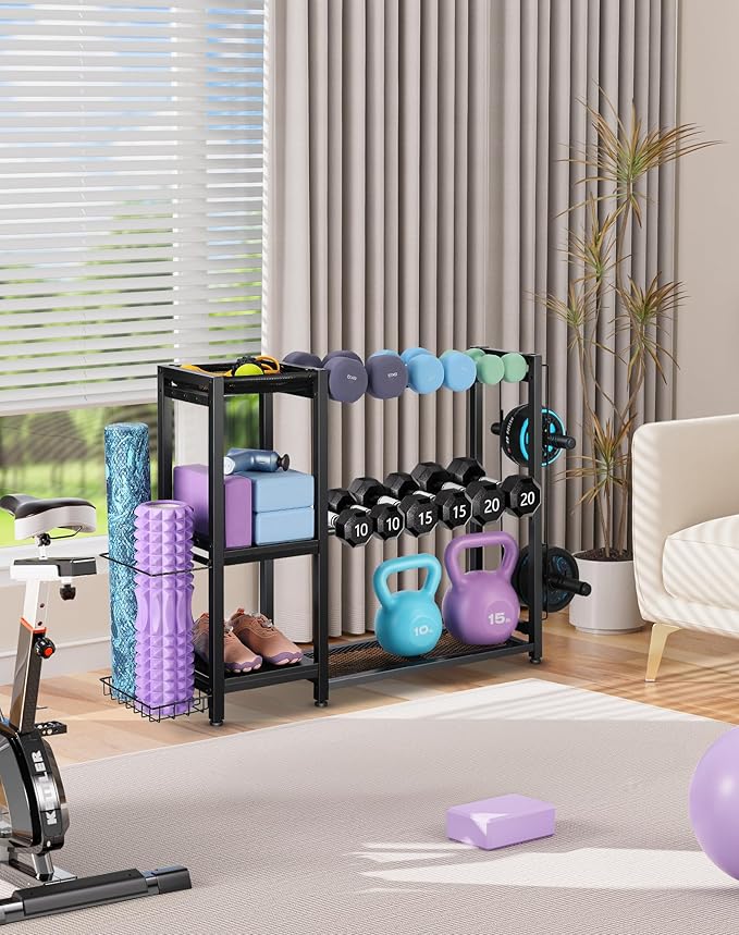 3-Tier Dumbbell Rack Stand Only - Adjustable Weight Rack for Home Gym, Heavy-Duty Weight Stand for Dumbbells Kettlebells Foam Roller Yoga Mats, Workout Equipment Storage Organizer With Hooks