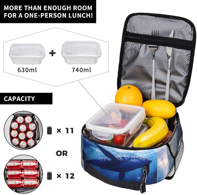 Insulated Lunch Box for Women Men, Whale Lunch Box Reusable Portable Lunch Bag Cooler Tote Waterproof Lunch Container for Office Picnic Work Travel Hiking