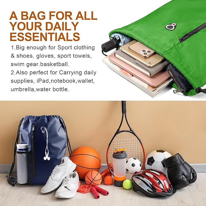 BeeGreen Bright Green Drawstring Backpack Gym Bag For Men & Women – Sports Sackpack with Mesh Water Bottle Holder & 2 Zippered Pockets – Large 16x20 Inch Cinch String Backpack