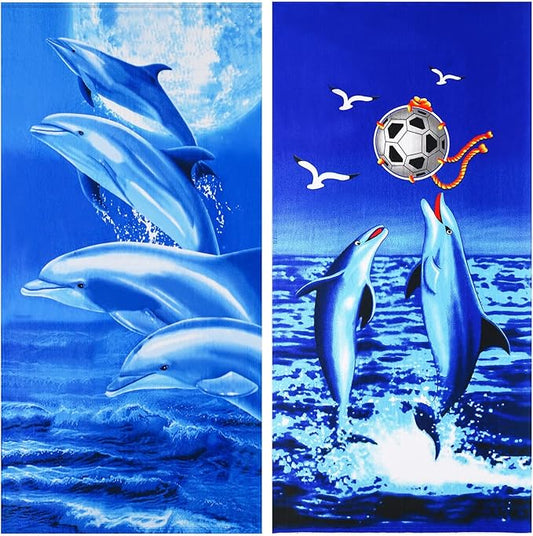 Genovega 2 Packs Oversized Terry Beach Towel 36 x 72 in Soft Extra Large Long Pool Swim Towels Clearance XL Big Travel Blanket Must Haves Essentials Vacation for Adult Blue Dolphins