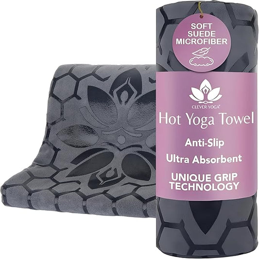 Clever Yoga Hot Yoga Mat Towel – Non-Slip Grip for Hot Yoga, Sweat Absorbent, Honeycomb Silicone Grip, Stays Flat – Ideal for Pilates, Travel, Washable & Lightweight - Gray