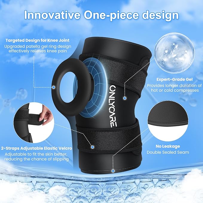 Knee Ice Pack, ONLYCARE Soothing Knee Compression Sleeve for Injuries, Upgraded Gel Cold Wrap, Hot & Cold Therapy, Reusable for Meniscus, Arthritis, ACL, MCL Pain Relief, Injury Recovery (M)