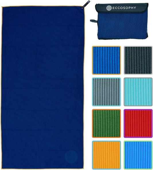 ECCOSOPHY Microfiber Beach Towel – Quick Dry Gym Towel, Highly Absorbent with Ribbed Texture, Lightweight – Ideal for Travel, Pool, Yoga, Fitness & Outdoor Adventures – 40x20 Navy