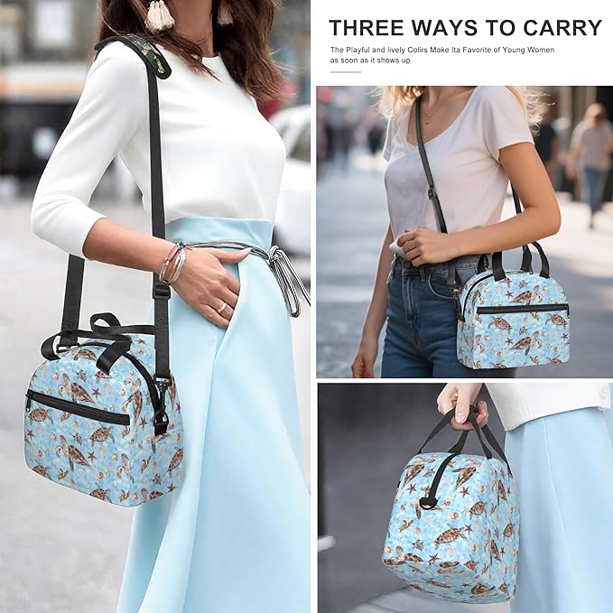 Sea turtles Reusable Insulated Lunch Box Waterproof Lunch Bag with Detachable and Adjustable Shoulder Strap for Office Picnic or Travel