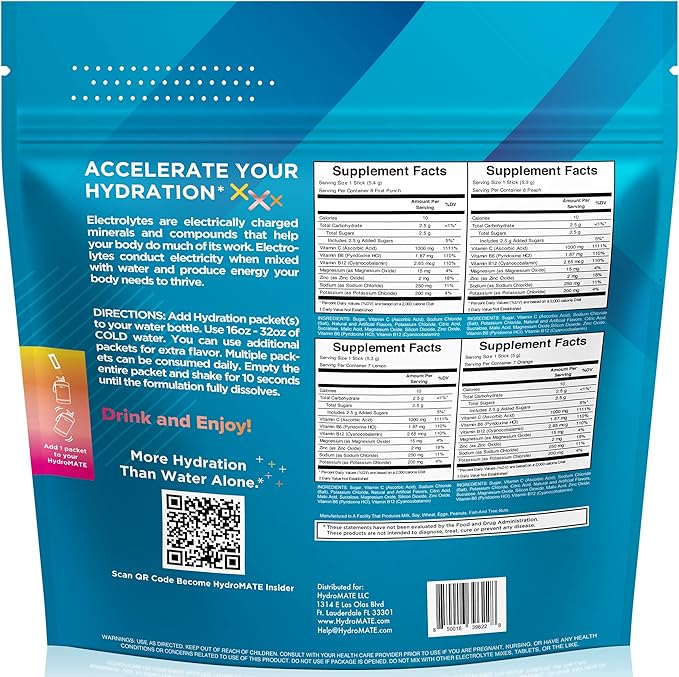 HydroMATE Electrolyte Powder Variety Pack Hydration Packets Low Sugar 30 Count