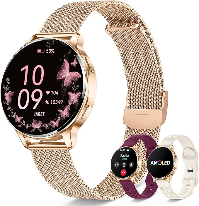 Smart Watches for Women, 1.27″ AMOLED Fitness Tracker with Heart Rate SpO2 Sleep Monitor, 3 Bands, 120+ Sport Modes, Call & Notifications, Smartwatch for Android & iPhone Compatible, 40 mm Rose Gold