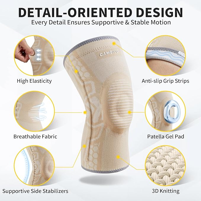 CAMBIVO 2 Pack Knee Brace for Men and Women, Knee Sleeves for Men with Patella Gel Pad and Side Stabilizers, Knee Compression Sleeves for Knee Pain Relief, Running, Workout, Daily Use