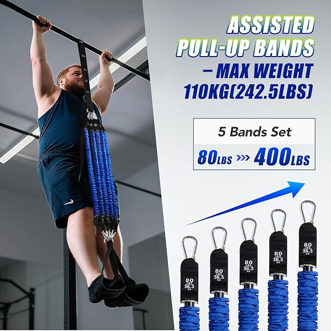 Pull Up Assistance Bands with Foot Support Pedal - 320LBS /400LBS Heavy Duty Resistance Bands Adjustable Weight/Height with 80Lbs Bands&Measured Strap for Strength Training Home Gym