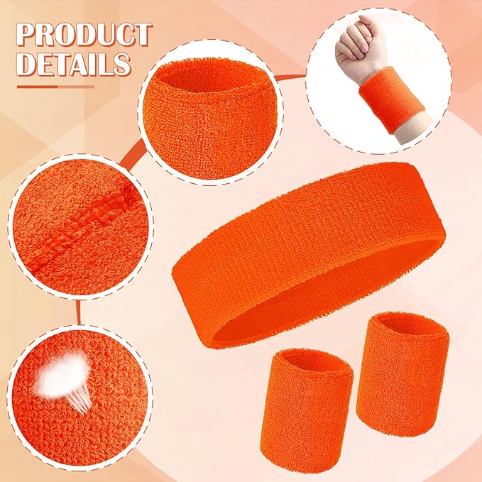 24 Pieces 80s Neon Sweatbands Set, Include 8 Sports Headbands and 16 Sweat Wristbands Elastic Athletic Tennis Sweat Bands Bulk for Man Woman