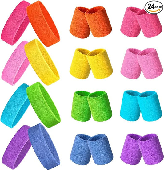 24 Pieces 80s Neon Sweatbands Set, Include 8 Sports Headbands and 16 Sweat Wristbands Elastic Athletic Tennis Sweat Bands Bulk for Man Woman