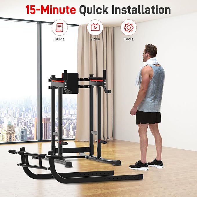 Outdoor Basic Power Tower, Pull Up Bar and Dip Station for Home Gym, 1600LBS Weight Capacity, Adjustable Height, Heavy Duty Steel Frame for Calisthenics, Strength Training Fitness Equipment
