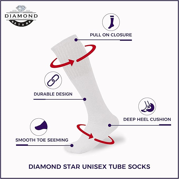 Diamond Star Men's 6 Pack Athletic Tube Socks Running Sports OVER THE CALF Full Cushioned Premium Soft Cotton Big and Tall