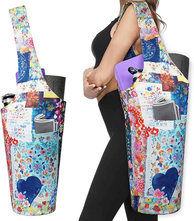 Fashion Printed Yoga Mat Bag with Large Side Pocket & Zipper Pocket Long Tote Yoga Bag Fit Most Size Mats - Holds More Yoga Accessories