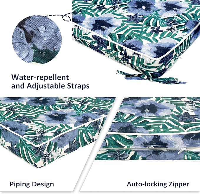 Outdoor Bench Cushion, Patio Furniture Cushions 42x18x3 Inch, All-Weather Seat Chair Swing Couch Pad, Garden Porch Loveseat Long Glider Bench Cushion, Blue Salmone Tropical