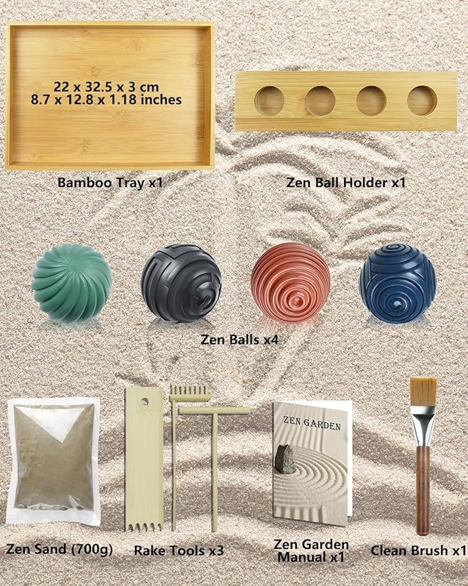 Artcome Jpanese Zen Garden Kit for Desk - Premium Mini Sand Garden with Bamboo Tray - Meditation Sand Tray with 4 Zen Balls and Rake Tools for Relaxation - Mindfulness Therapy Decor - Ideal for Gift